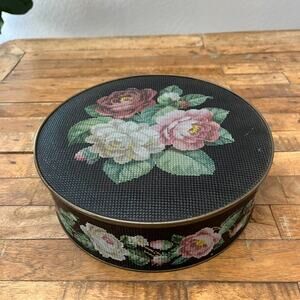 Sunshine Biscuit Tin Sewing Box Textured Rose Needlepoint Container 10"